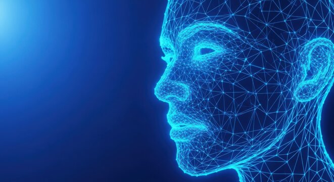 Digital human head made of glowing blue network lines illustration