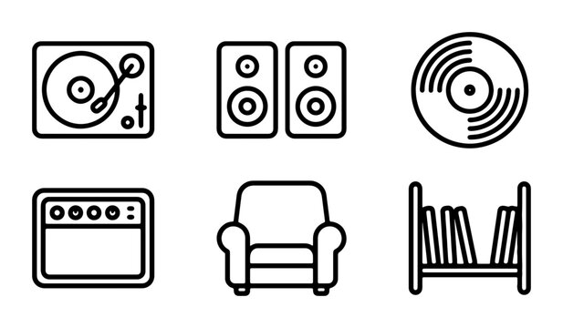 Retro Music Icons: Turntable, Speakers, Vinyl Record, Amp, Armchair, Bookshelf Vector Set