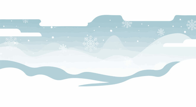 Stylized, abstract winter landscape with rolling snowdrifts and falling snowflakes