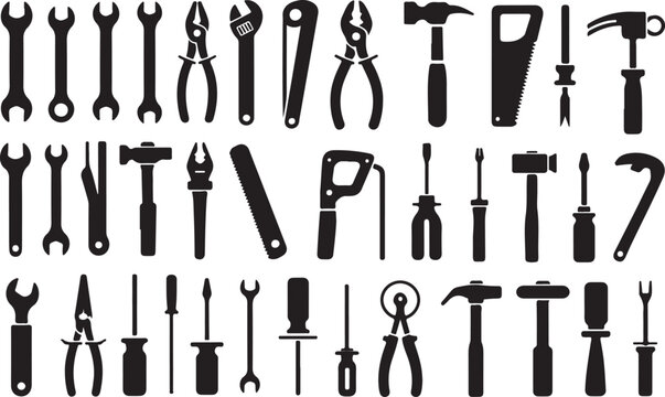 Collection of black and white hand tools set