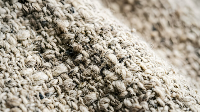 Detailed macro view of a rustic woven fabric featuring prominent slubs and knots, highlighting the natural irregularities and tactile quality of the textile material in muted, earthy colors