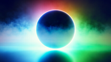 Obraz premium Dark sphere with smoky RGB neon colors and retro glow.
