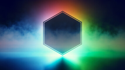 Fototapeta premium Hexagon silhouette with smoky RGB neon color glow.