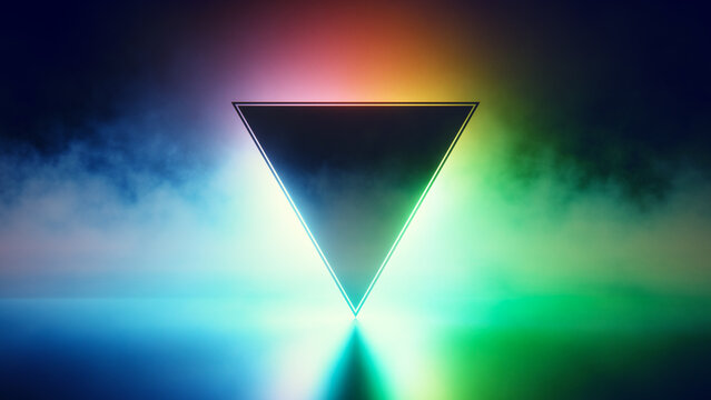 Inverted triangle in smoky RGB neon color glow.