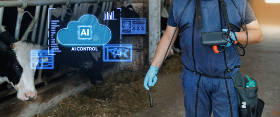 Agricultural technician with handheld device and ai control system assistant inspecting cows and milking systems for smart dairy barn management © Parilov