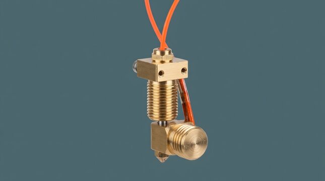 Brass metal hotend component for a three dimensional printer showing detailed threads and electrical wiring in a professional studio product photograph captured with soft even lighting