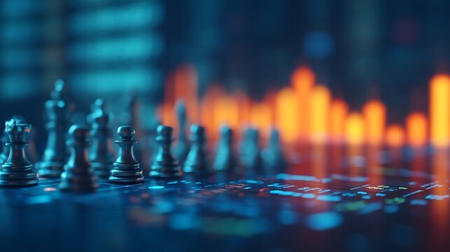 A chessboard with metallic chess pieces set against a background of colorful, blurred digital graphs, symbolizing strategy and analysis.