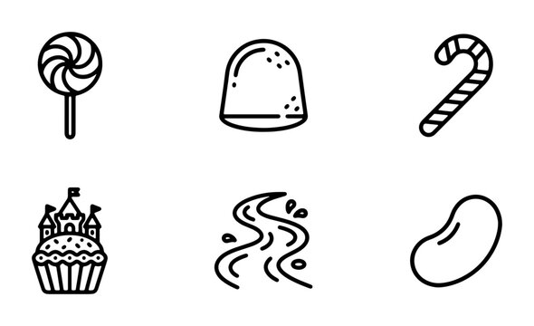Sweet Treats and Fantasy Castle Icons: Candy, Cupcake, River, Lollipop, Jelly Bean, Candy Cane