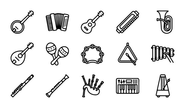 Musical Instruments Icons Set: Vector Graphics for Music Education, Performance, and Sound Design