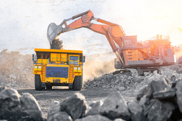 Open pit mine coal industry, mining heavy machinery excavating process © Parilov