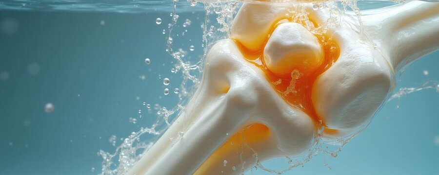 Knee joint bones submerged in yellow synovial fluid with splashing water creating bubbles. Medical concept for lubrication health nourishment joint repair.