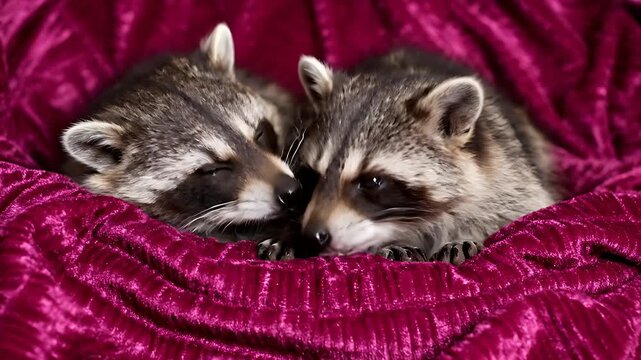 Two adorable baby raccoons snuggling together on a soft purple blanket. Cute wildlife pair resting in a cozy home setting. Warm animal companionship concept for pet care and nature media.