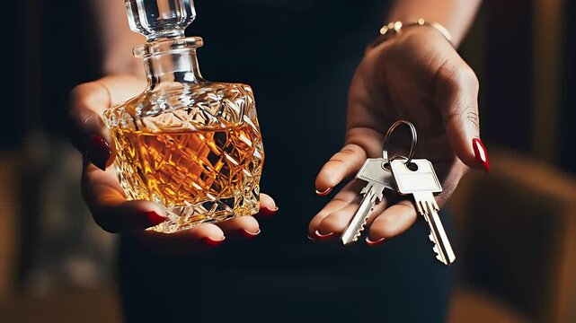 Woman holding a whiskey decanter and car keys. Hands representing the choice between alcohol and driving. Drunk driving prevention concept for safety campaigns and social responsibility awareness.
