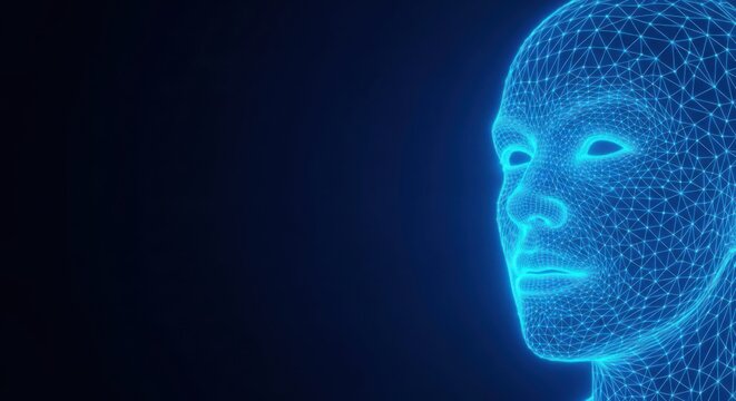 Digital human face made of blue glowing technology dots illustration