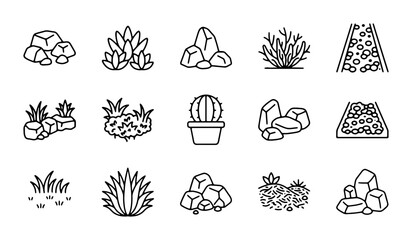 Desert Plants and Rocks Vector Icons, Cactus, Succulents, Stones, Nature Elements © AbirHossen