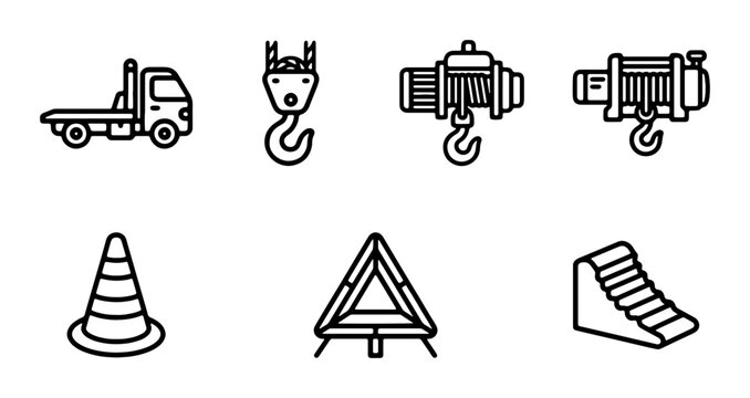 Construction Equipment Icons: Tow Truck, Crane Hook, Winch, Safety Cone, Barrier, Ramp