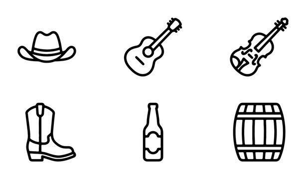 Country Music Icons: Cowboy Hat, Guitar, Violin, Boot, Bottle, Barrel Vector Set