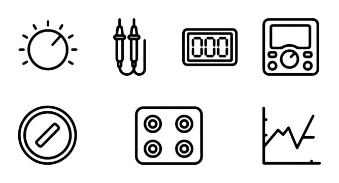 Electrical Meter Icons: Voltmeter, Ammeter, Oscilloscope, Dial, Digital Display, Probes