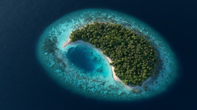 Aerial tropical island lagoon in deep blue sea