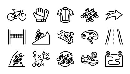 Obraz premium Cycling Icons Set: Bicycle, Gear, Rider, Race, Road, Strategy, Vector Graphics