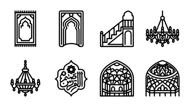 Islamic Icons Set: Prayer Mat, Archway, Minbar, Chandelier, Calligraphy, Mosque Window Vector