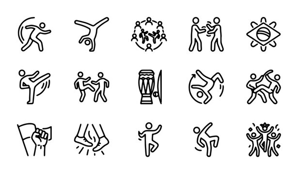 Capoeira Icons Set, Brazilian Martial Art Dance, Acrobatics, Music, Celebration Vector Graphics