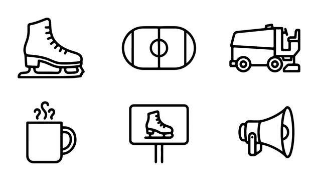 Ice Skating Icons Set: Figure Skates, Rink, Zamboni, Hot Drink, Sign, Megaphone
