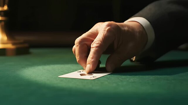 Hand in a suit placing an ace of spades on a green felt table. Professional gambler playing poker in a high stakes environment. Strategy and risk concept, ideal for business and gaming themes.