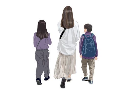 母親と子供二人歩く後ろ姿イラスト