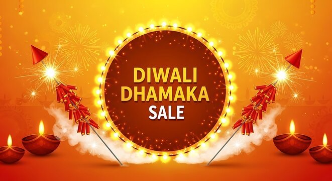 Diwali dhamaka sale banner with fireworks and diyas