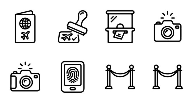 Travel Icons Set: Passport, Stamp, Ticket Booth, Camera, Fingerprint, Stanchions
