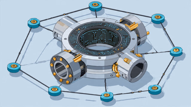 Futuristic space station with circular design and docking ports in metallic colors