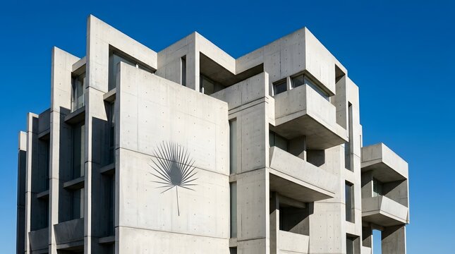 Modern concrete building facade featuring sharp geometric lines and a unique shadow of a palm leaf captured in this bright and sunny daylight architectural exterior photograph