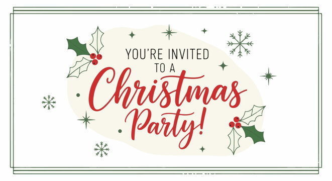 Christmas party invitation with festive holly and snowflakes design