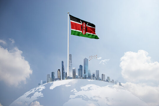 Kenya flag wavering on globe with modern building skyline. Flag waving on world map.  Kenya national flag for independence day.