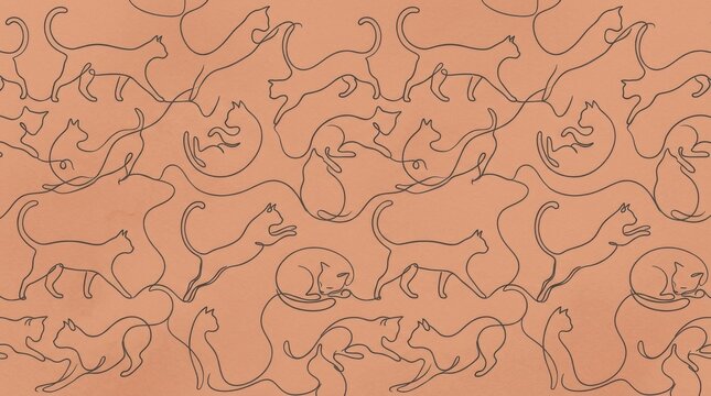 Continuous line drawing of various cats in different poses on a warm orange background, showcasing playful and relaxed feline forms in a seamless pattern