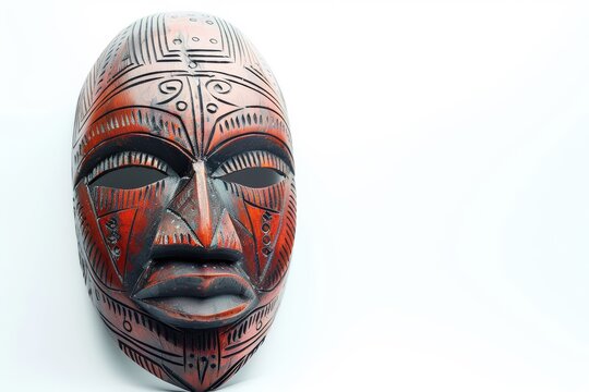 An intricately carved tribal mask, with striking red and brown tones and detailed geometric patterns, rests against a clean white backdrop, exuding an aura of ancient mystery and cultural heritage.