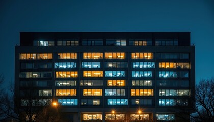 Fototapeta premium Office building windows glow with warm and cool light in the dark city. People work late inside offices. The modern structure stands against the night sky.