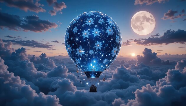 A celestial navy-blue balloon decorated with glowing silver flowers and tiny hanging stars, floating in a twilight sky filled with sparkling cloud