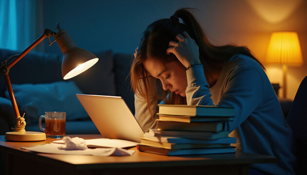Young student studies late at night. Female holds head in hands overwhelmed by schoolwork. Books, laptop and coffee cup on desk create stressful study session.