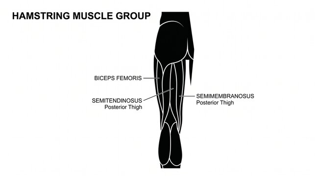Hamstring muscle group silhouette and anatomy diagram with human leg, body parts