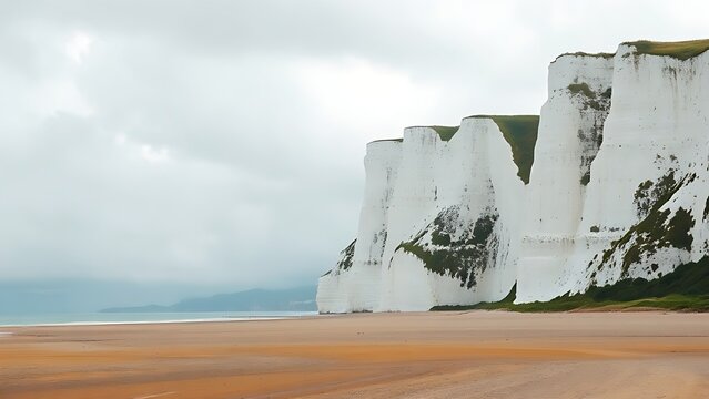 dover. Dover white cliffs and expansive coastline, overcast weather, cinematic landscape. travel magazines, destination branding, designed for outdoor magazines and nature guides.