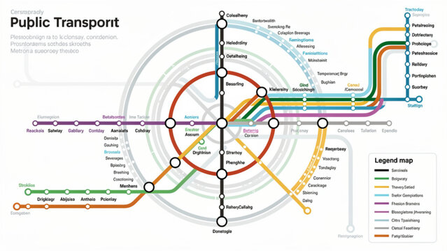 Modern public transport map with colorful lines and detailed station symbols for urban navigation