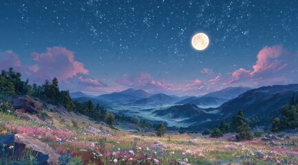 Obraz premium Pixelated Night Sky Over Rolling Hills and Wildflower Meadow Under a Full Moon and Starry Expanse