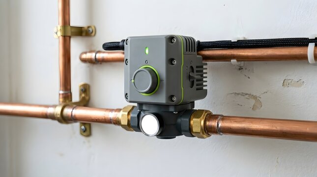 Modern digital heating circulation pump with a glowing green indicator light installed on bright copper pipes in a residential home setting for efficient water temperature control