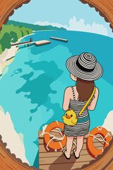 Obraz premium A Girl Enjoying the Coastal Vacation Scenery from the Wooden Wharf