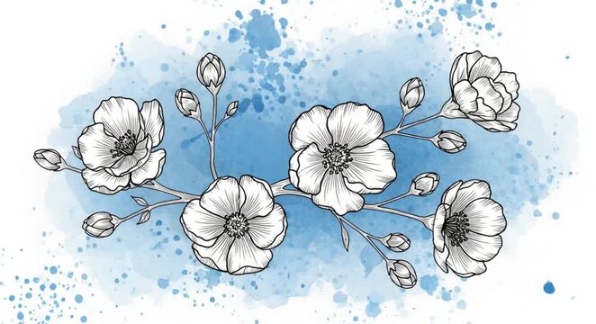 Elegant hand-drawn black and white floral branch with blooming flowers and buds, on a blue watercolor splash.