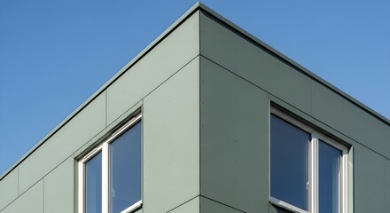 Fototapeta premium Modern Building Corner With Windows Against A Clear Blue Sky