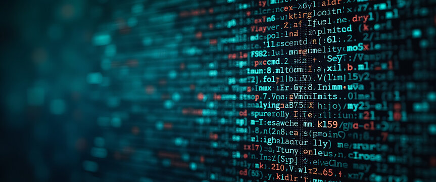 Abstract screen with technological code and data in teal and orange colors.