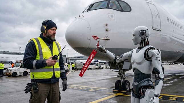 Future Aviation: Ground Crew and Humanoid Robot Performing Preflight Aircraft Inspection